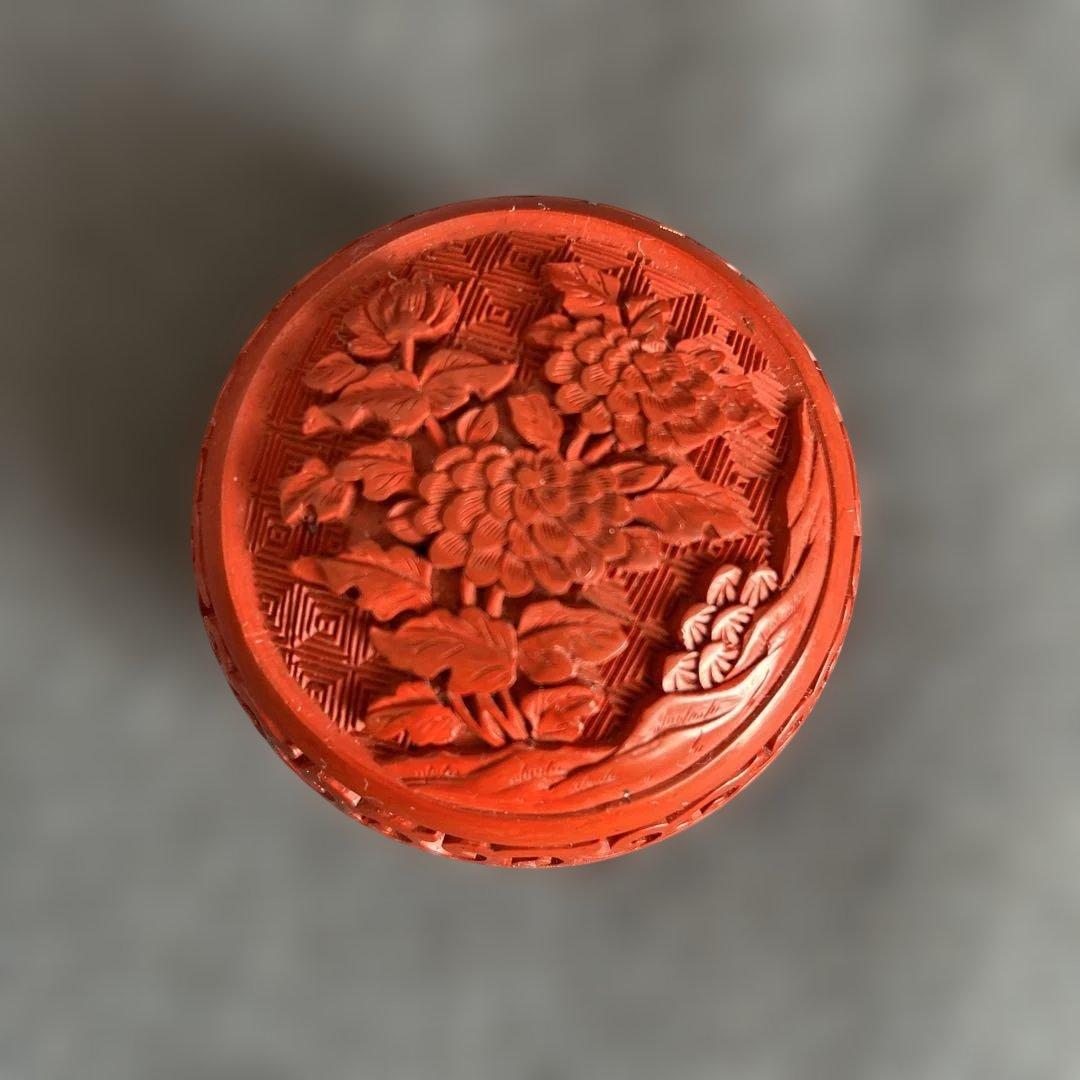 中国骨董旧蔵【民国時代銅胎彫漆堆朱内七宝香合】高級厚重希少珍貴細工精密彫刻牡丹図