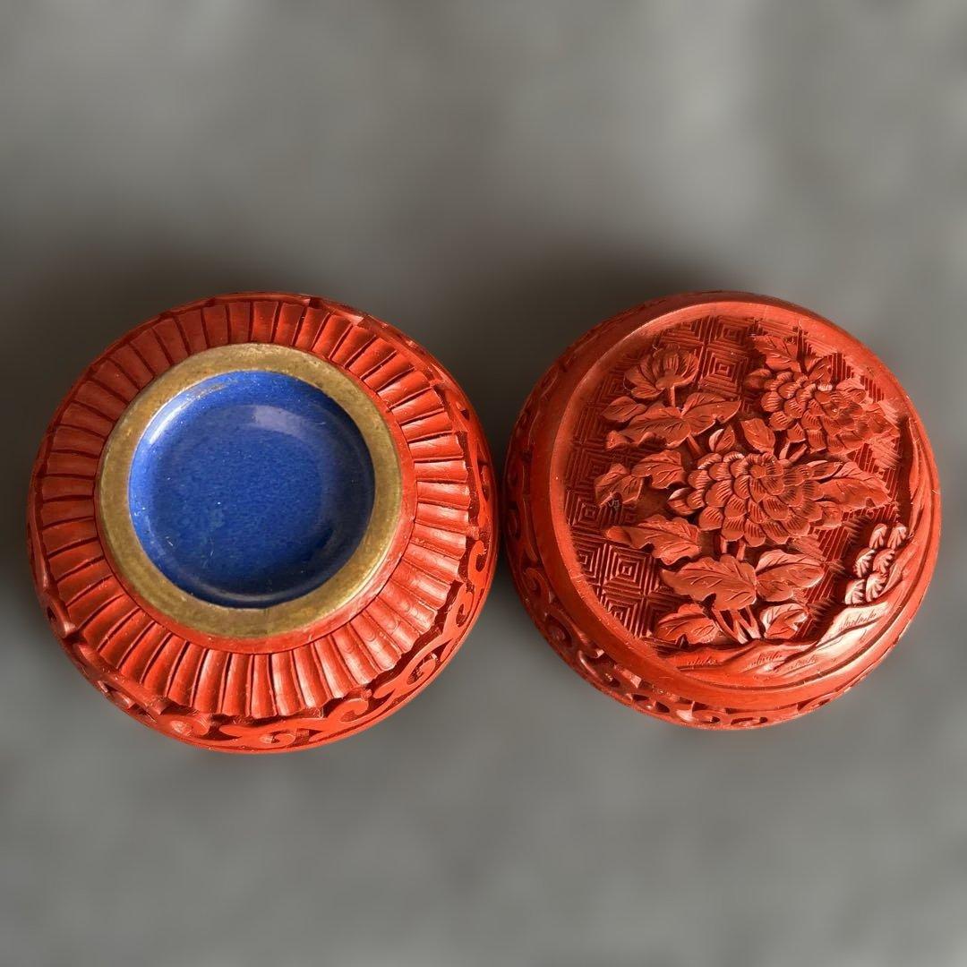 中国骨董旧蔵【民国時代銅胎彫漆堆朱内七宝香合】高級厚重希少珍貴細工精密彫刻牡丹図