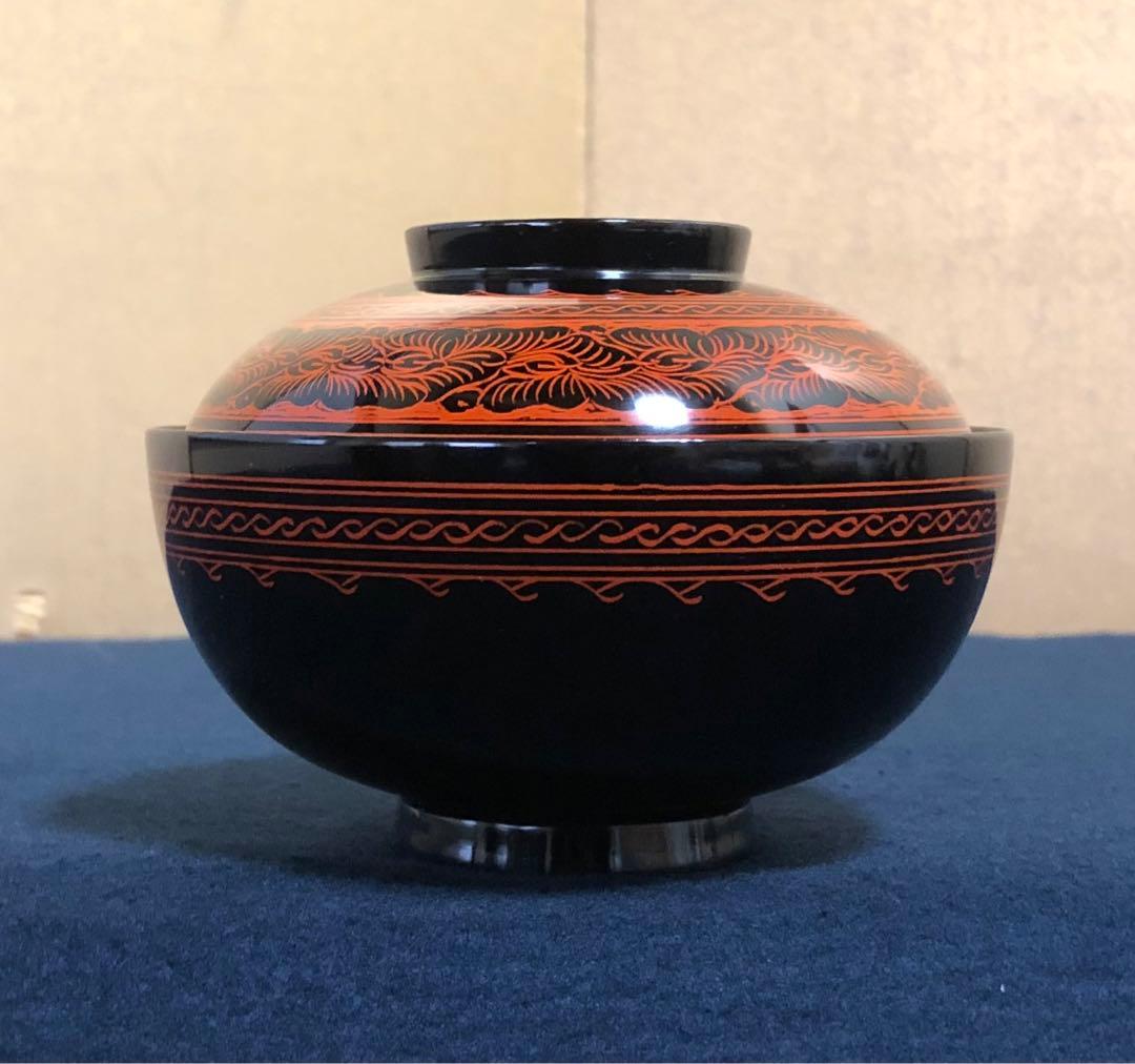 《R》蒟醤塗 唐草文様 椀5客 芳廣作 木製漆器 共箱　260317A3
