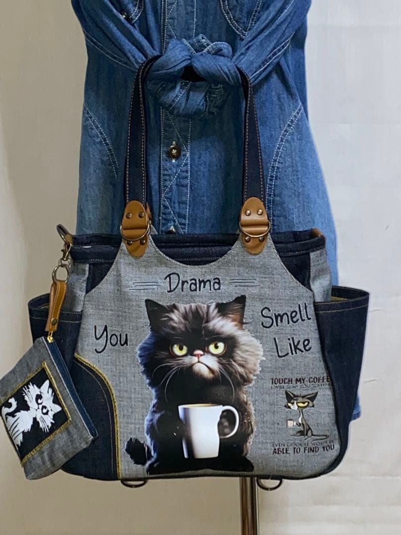 セール☆ハンドメイド☆岡山デニム☆黒ネコ☆リュック対応☆4wayあおりバッグ