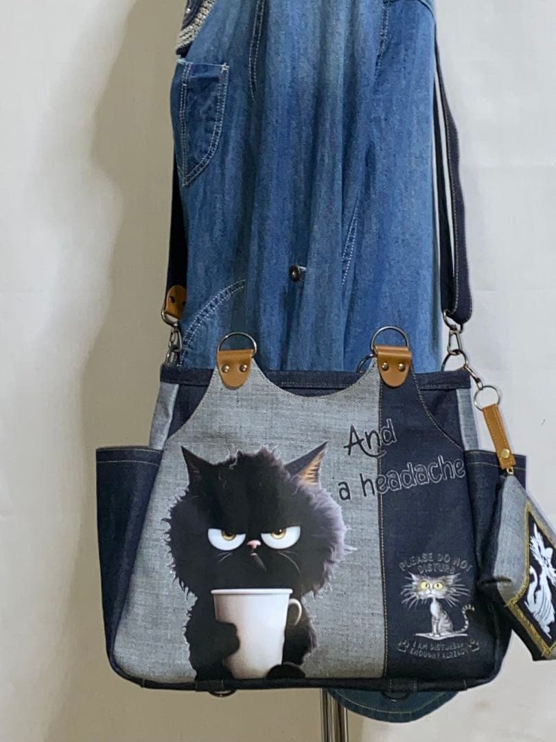 セール☆ハンドメイド☆岡山デニム☆黒ネコ☆リュック対応☆4wayあおりバッグ